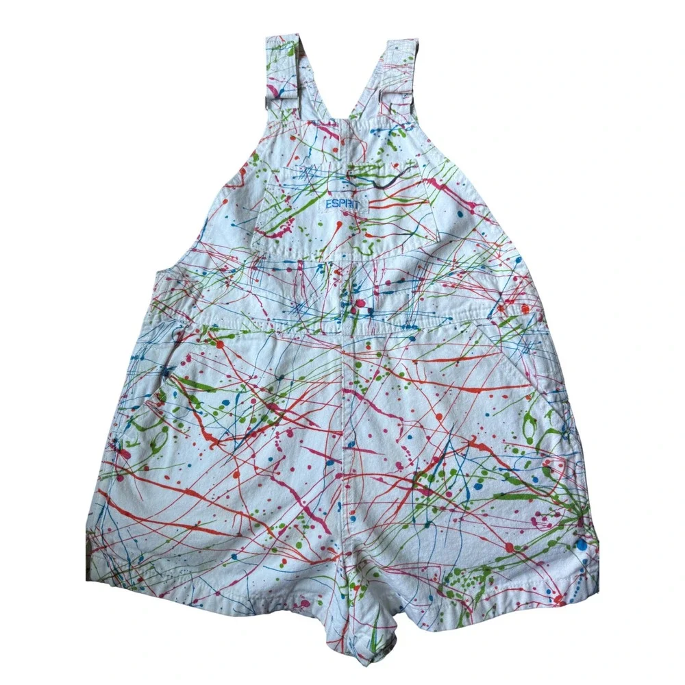 Vintage Esprit Kids Paint Splatter Shortalls White Denim Overalls Size 10 90s